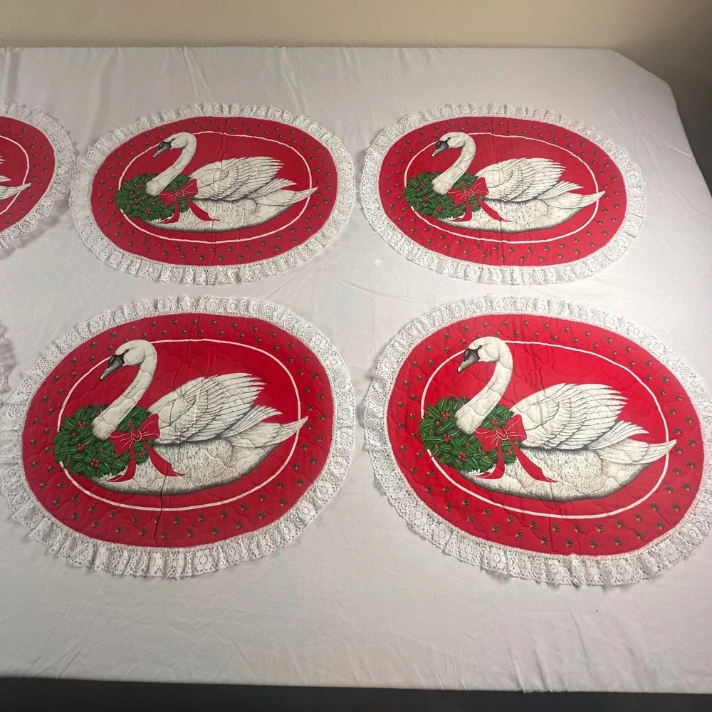 Vintage Christmas Quilted Placemats Set 6 Reversible Swan Geese Lace Cottagecore